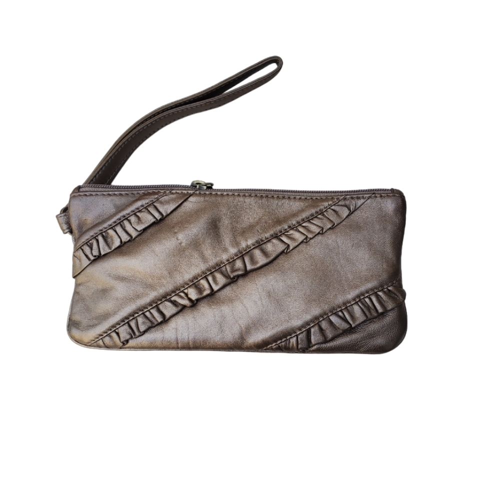 HOBO ruffled bronze leather wristlet